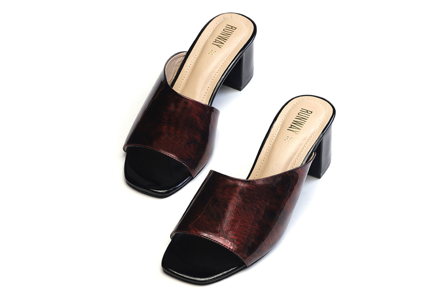 Furry Maroon Patent Block Heels