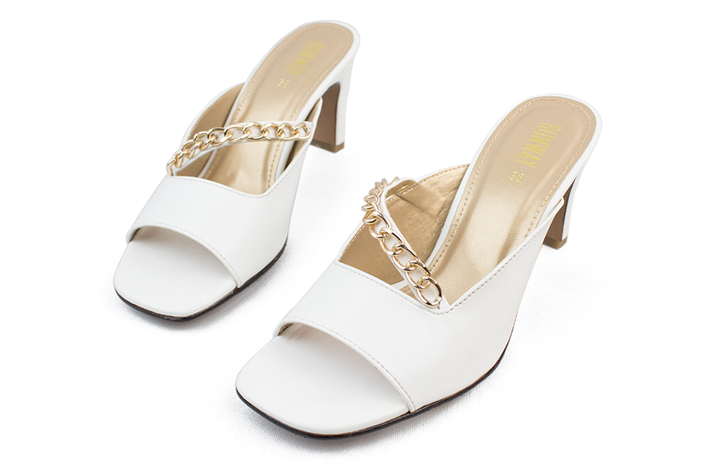 Chain-Accent White Square Toe Heels
