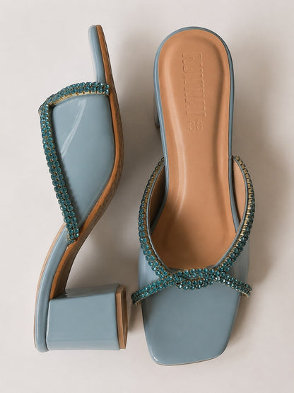 Runway Stores blue synthetic block heels with T-shaped open toe and decorative rhinestone trim