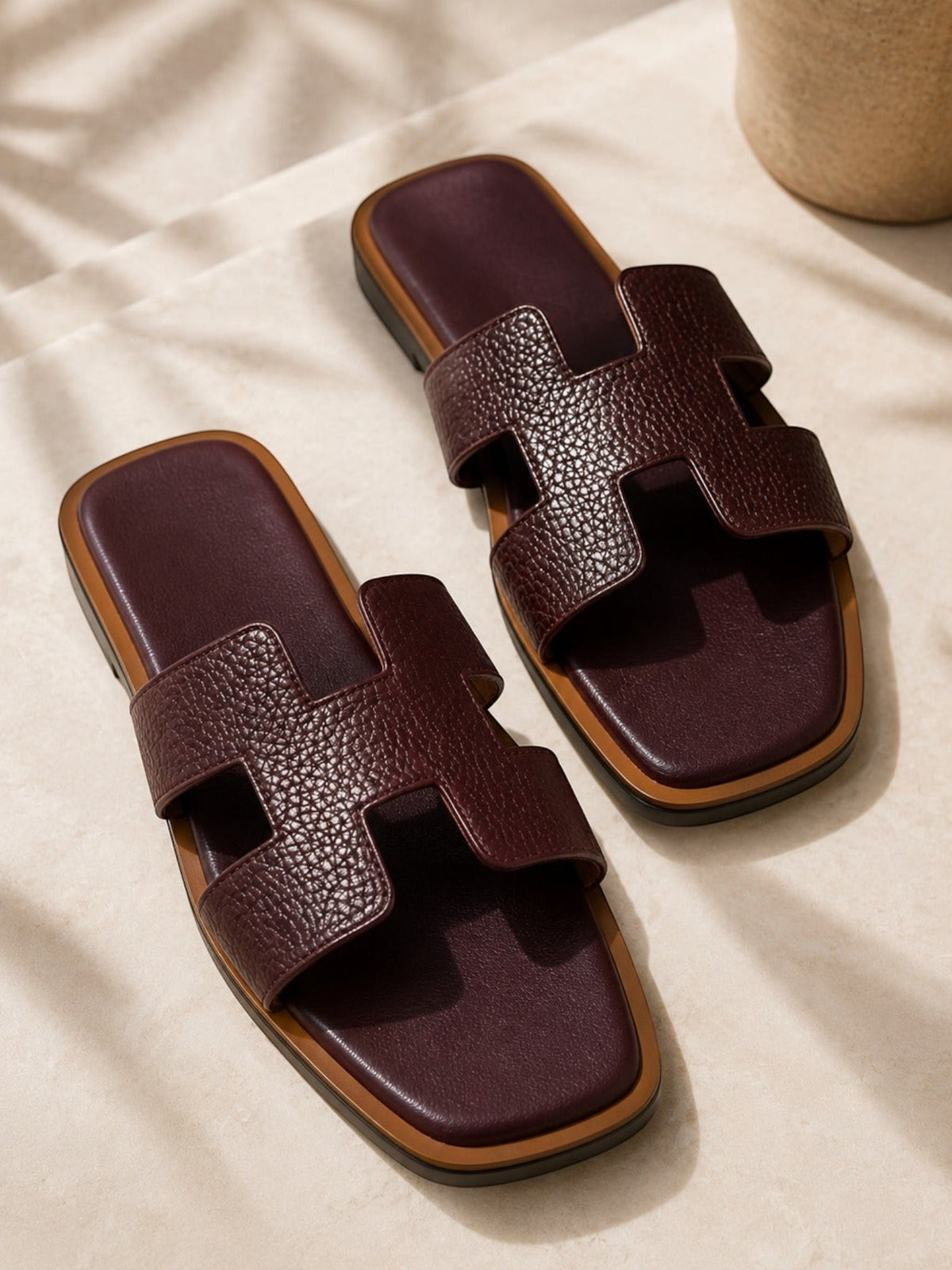 Runway Stores Cyprus burgundy synthetic leather flats with signature H cut-out design and open toe