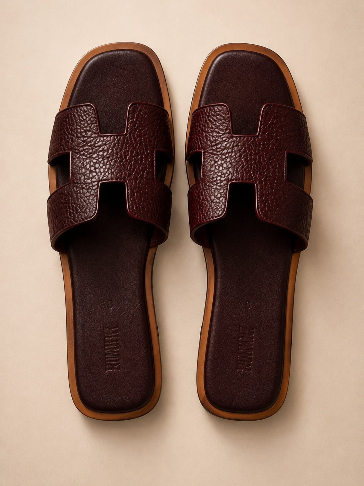 Runway Stores Cyprus burgundy synthetic leather flats with signature H-cut design and open toe for summer wear.