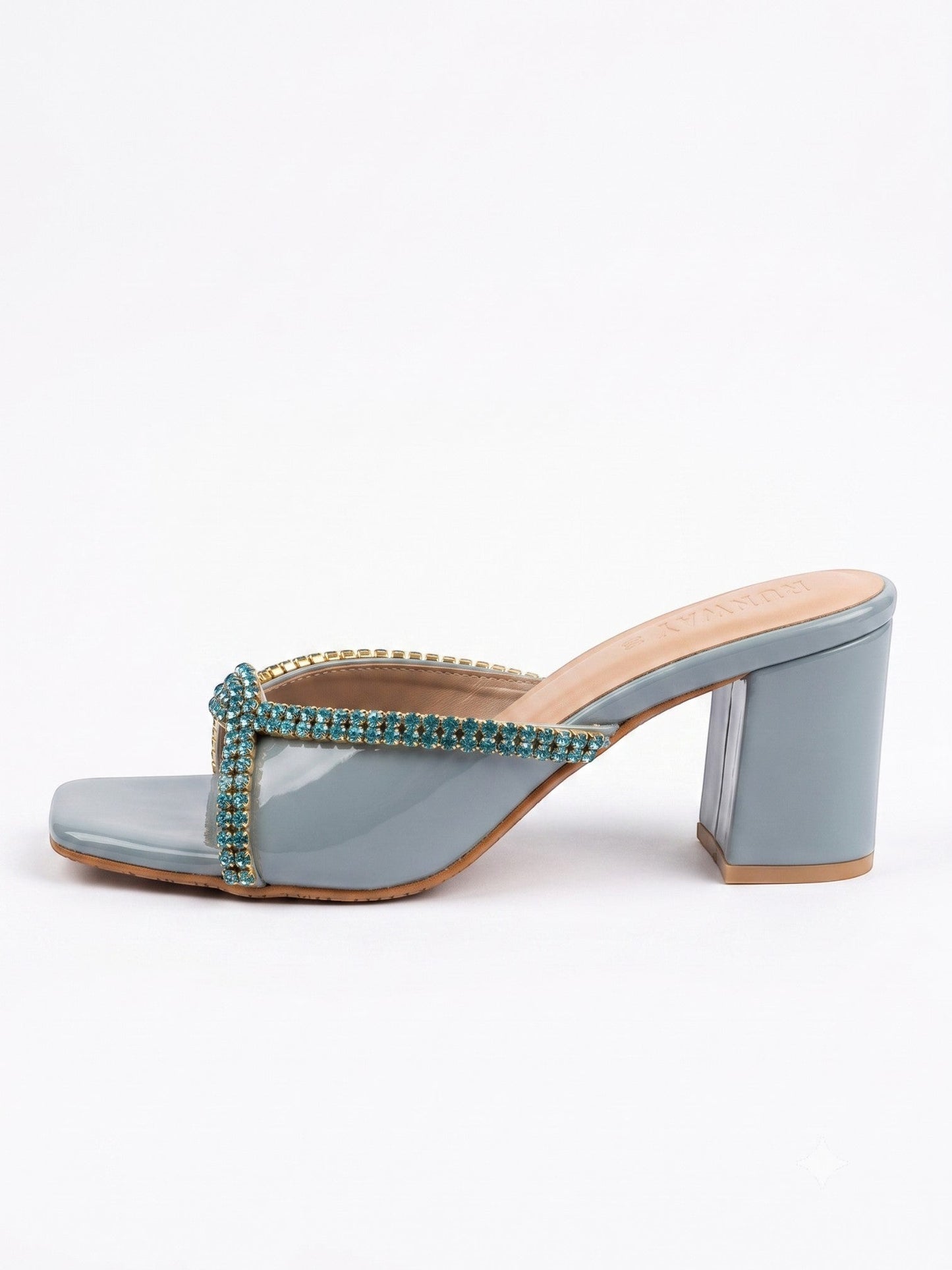 Runway Stores Diana blue synthetic block heels with a T-shaped open toe and decorative rhinestone trim