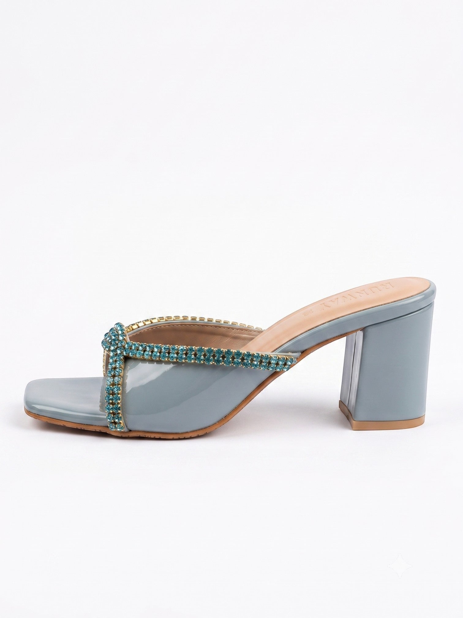 Runway Stores Diana blue synthetic block heels with a T-shaped open toe and decorative rhinestone trim