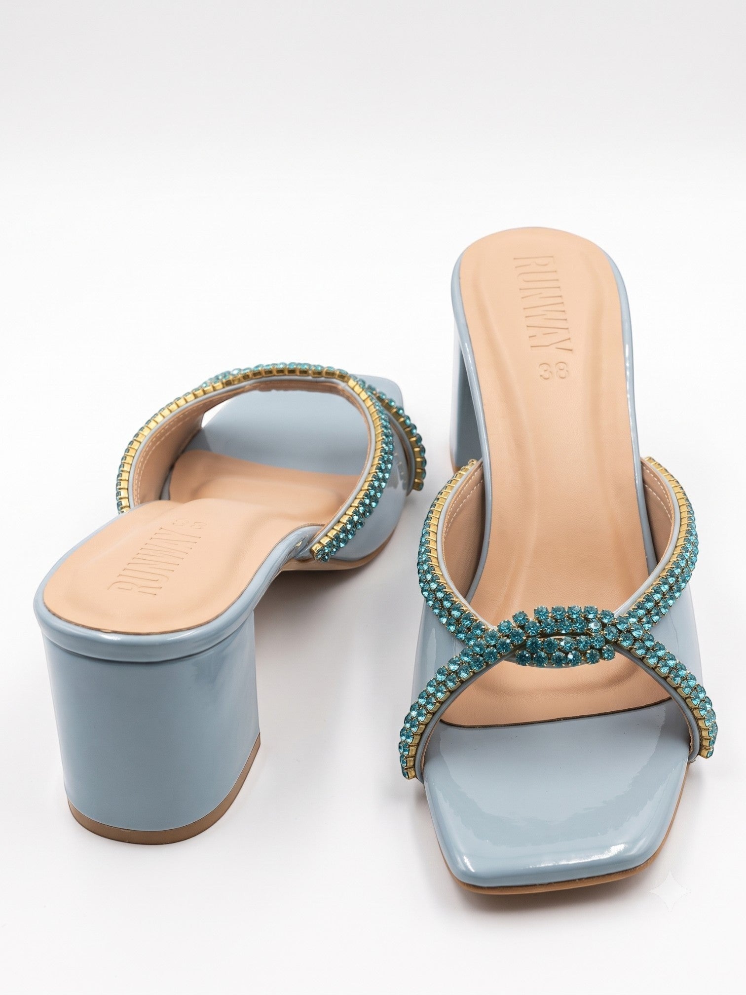 Runway Stores Diana blue block heels with T-shaped open toe and sparkling rhinestone embellishments