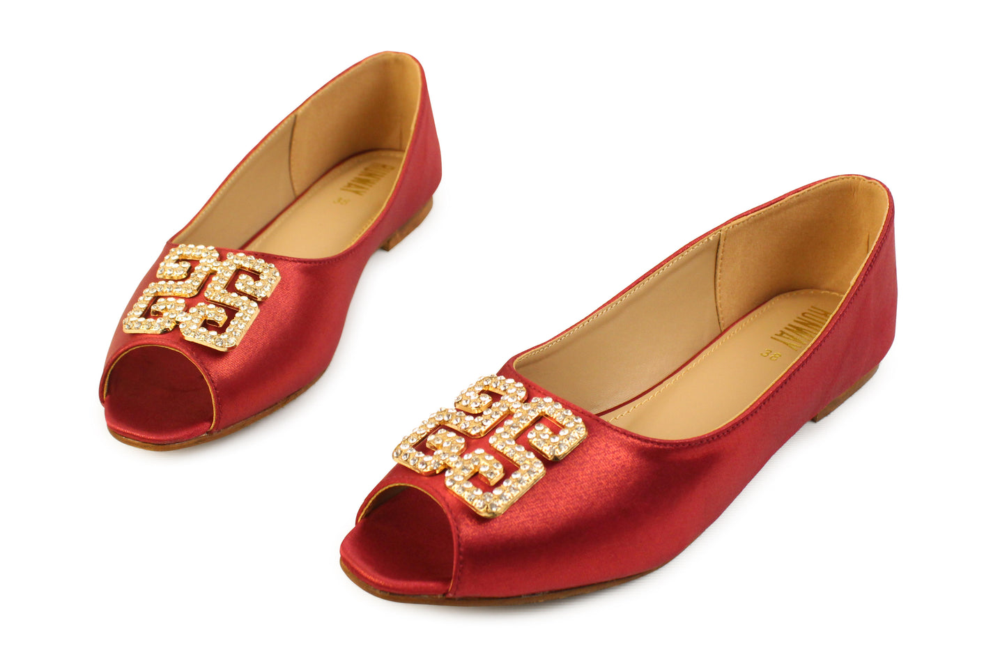 Red Satin Peep Toe Pumps