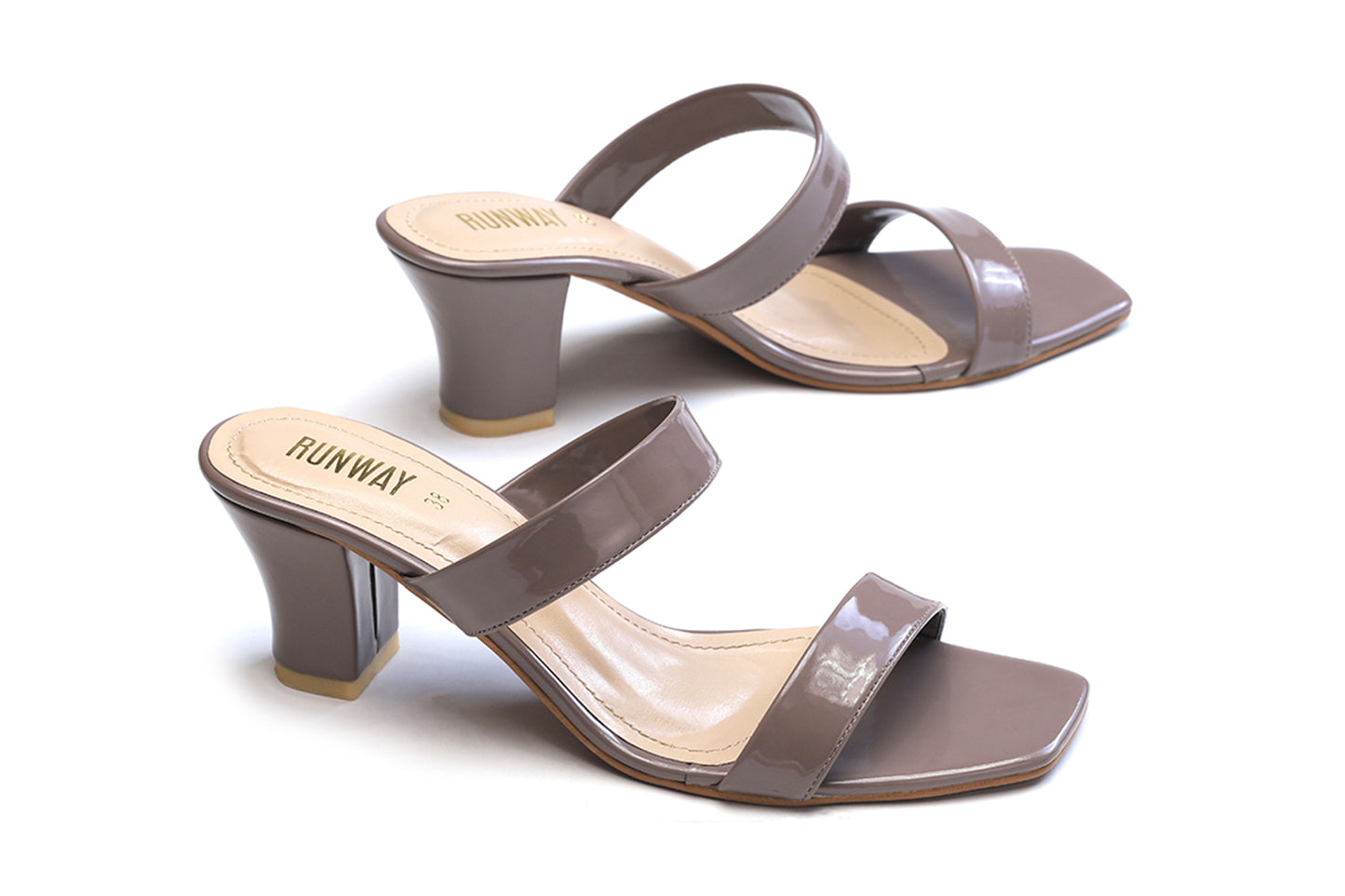 T-Shaped Patent Taupe Heels
