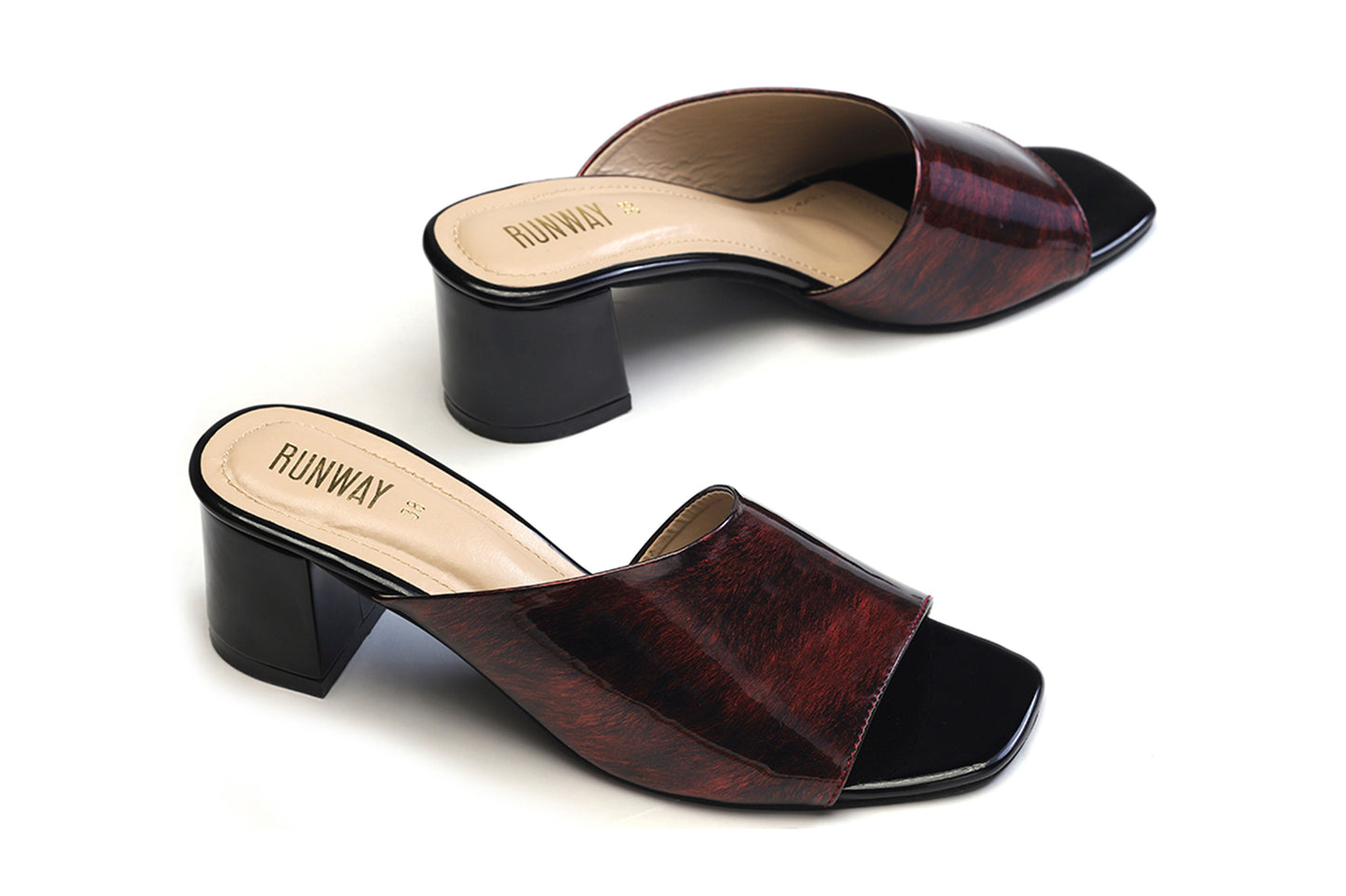 Furry Maroon Patent Block Heels
