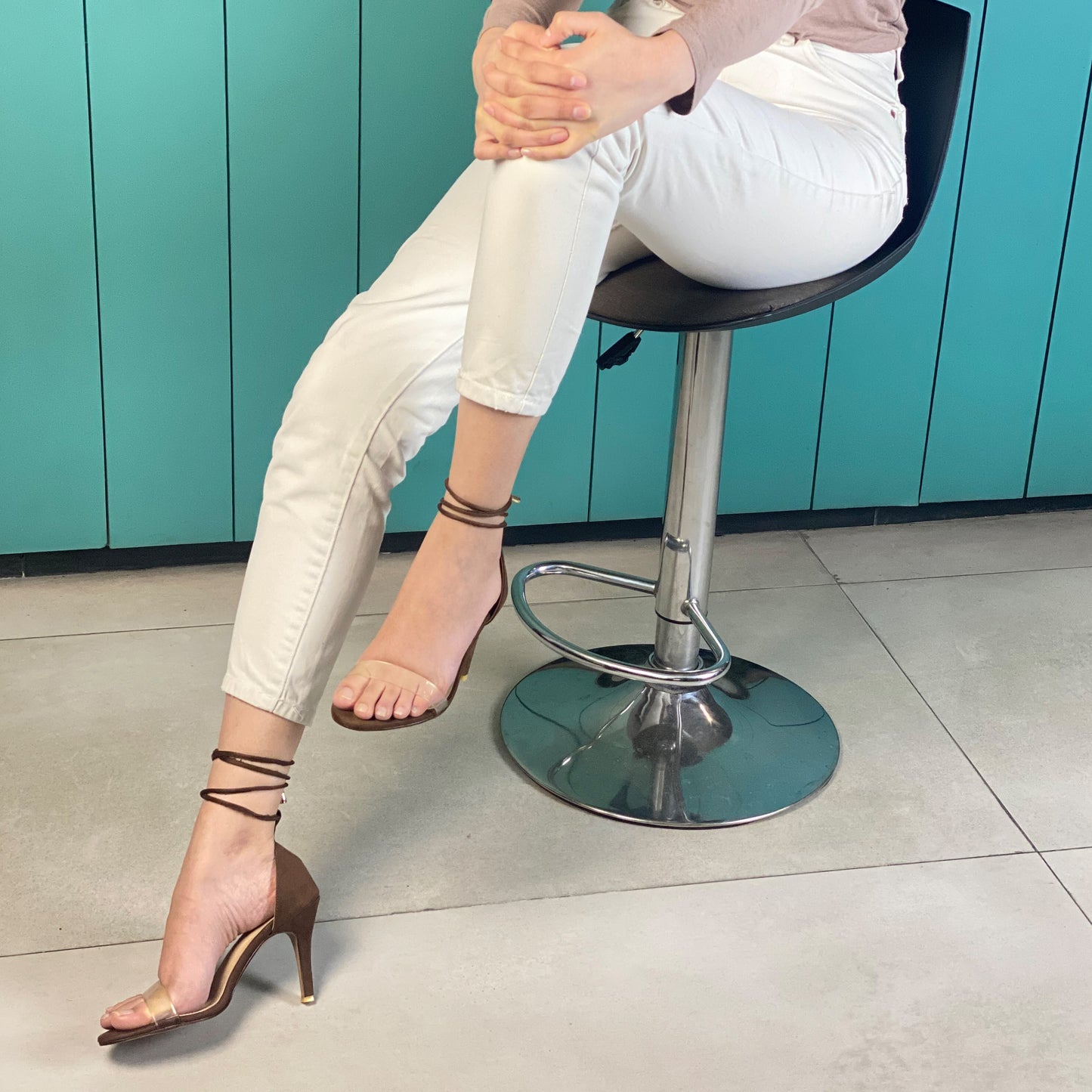 Ankle Tie PVC Strapped Brown Heels