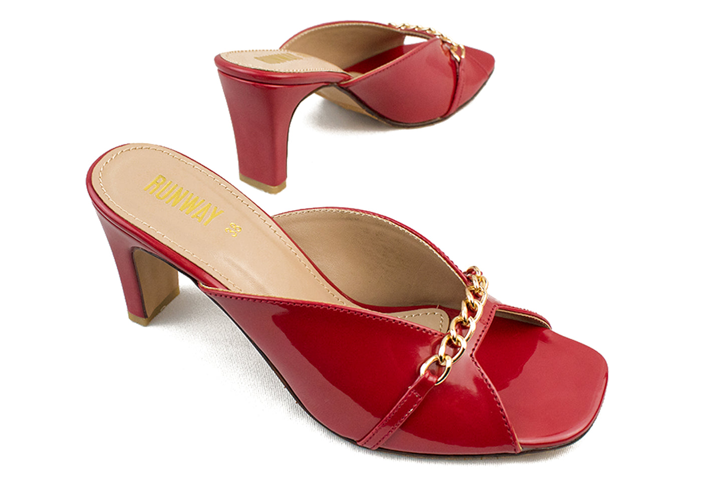 Chain-Accent Red Patent Heels