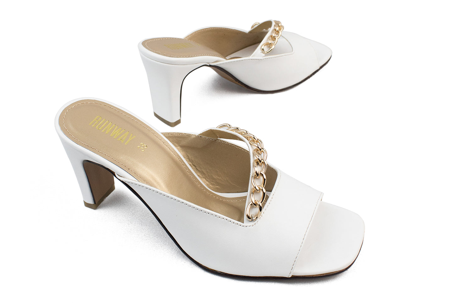 Chain-Accent White Square Toe Heels