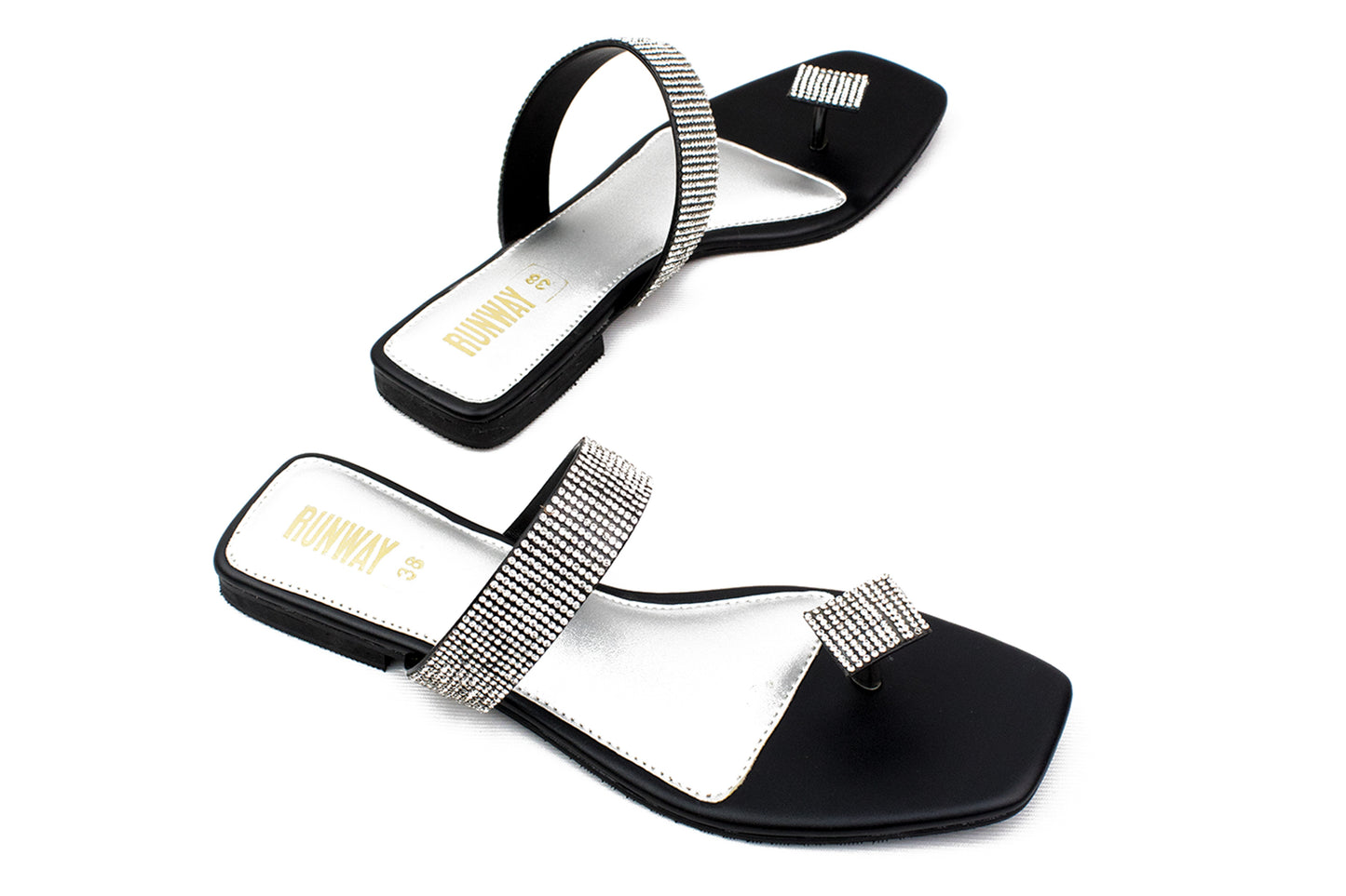 Stone Embellished Black Toe Flats